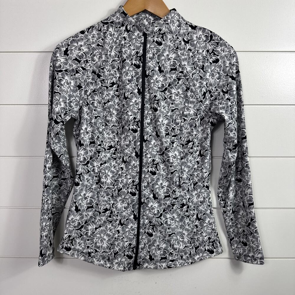 Tommy Bahama Everyday Active Full Zip Jacket Black White Floral Print sz XS
